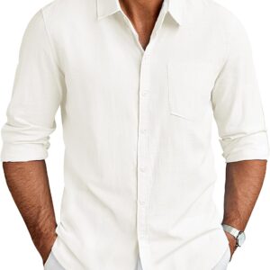 Men's Long Sleeve Button Down Shirts Casual Cotton Linen Shirts Summer Beach Shirt with Pocket