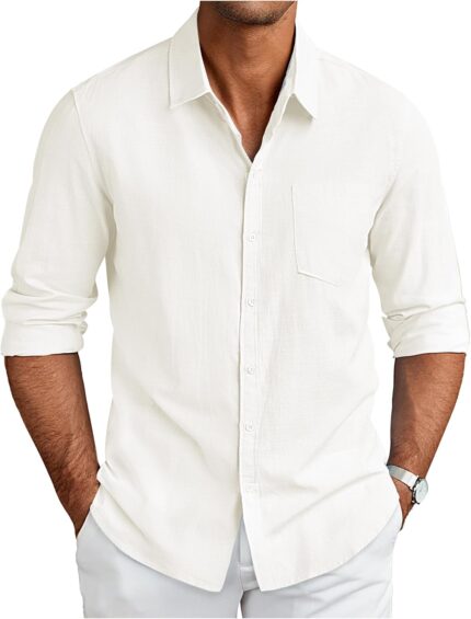 Men's Long Sleeve Button Down Shirts Casual Cotton Linen Shirts Summer Beach Shirt with Pocket